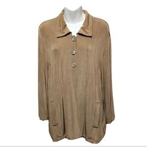 Chicos Travelers Cardigan Size 2 Large Tan Brown 3/4 Sleeve Pockets Buttons Top